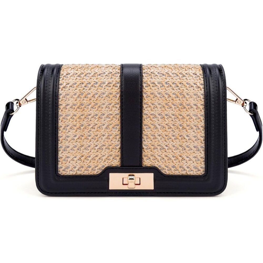 Straw Crossbody Bag Women Summer Leather Stitching Flap Purse Handbag